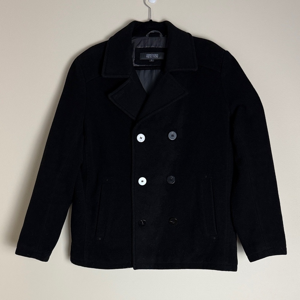 Kenneth Cole Reaction Women's Black Double-Breasted Wool Pea Coat Size L